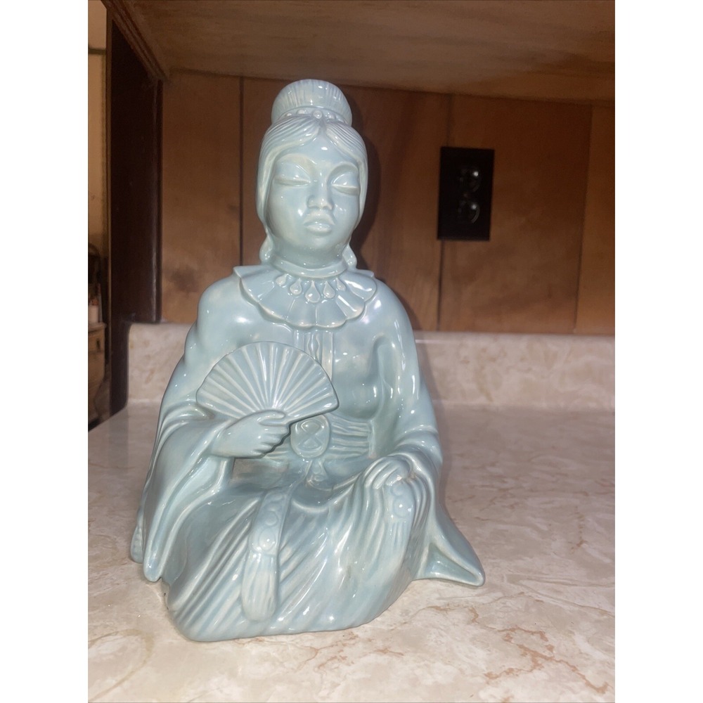 Glazed Ceramic Statue - Asian Female Sitting W Fan - Signed By Chris Lange 1985